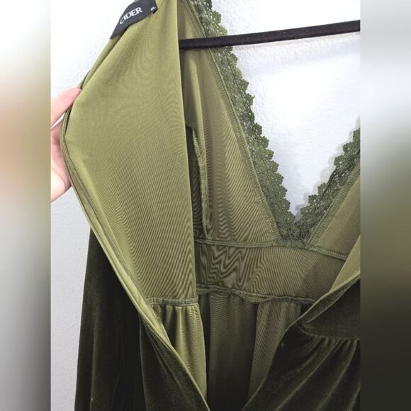 Cider Green Velvet & crochet trim V-neck lantern babydoll top tunic dress XL - Picture 6 of 7
